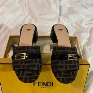 Fendi Black Mules with Monogram and Metallic Buckle